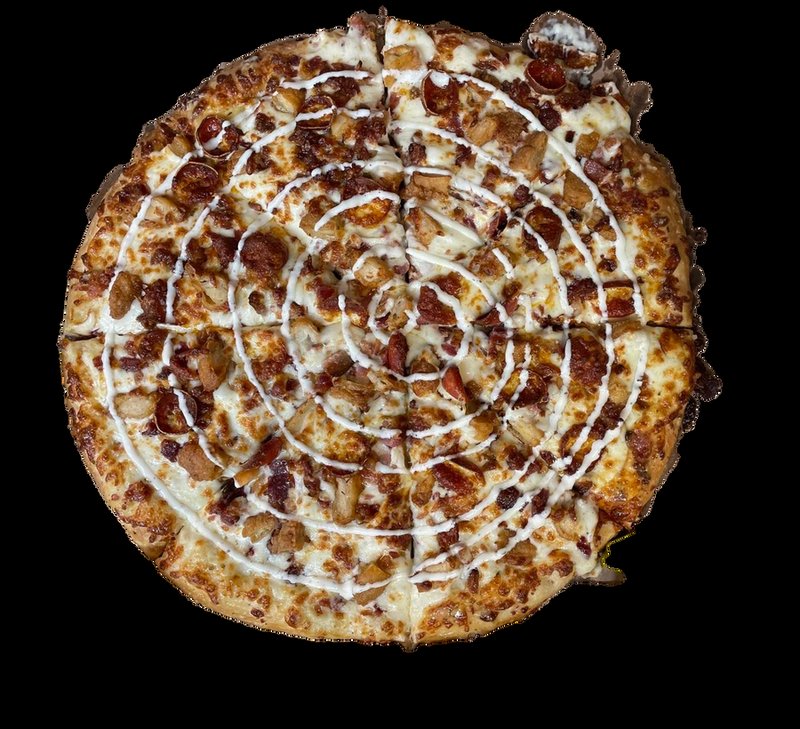 Loaded pizza with chicken, bacon, cheese and ranch drizzle