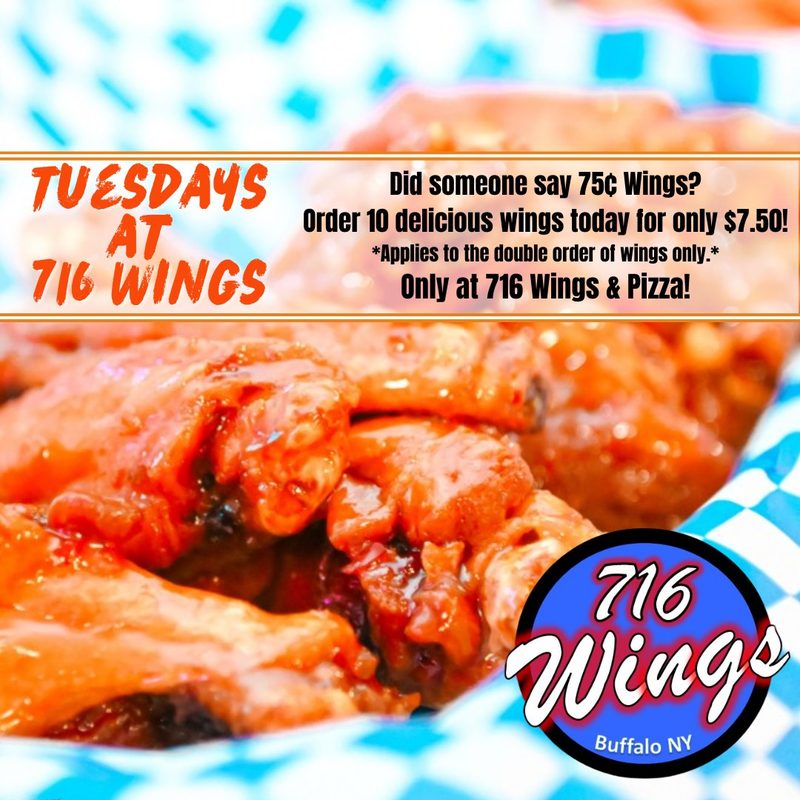 Sauced Buffalo wings in checkered basket — 75¢ wing Tuesdays